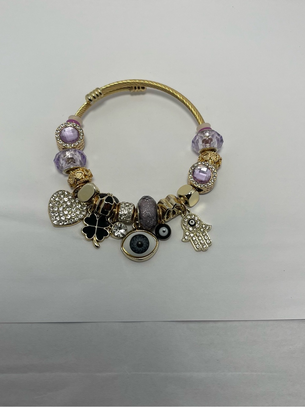 Gold-Tone Charm Bracelet with Purple Beads and Evil Eye Hamsa Charms